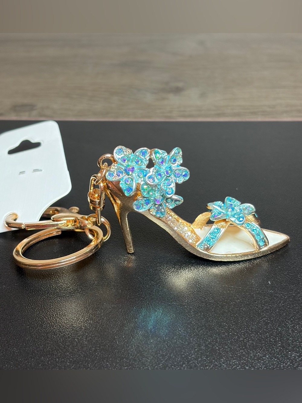 Source Unknown Gold High Heel Keychain with Turquoise Crystal Flowers